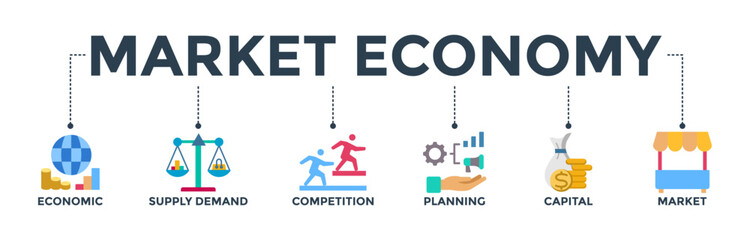 Market economy banner concept with icon of economic, supply demand, competition, planning, capital, and market.  Web icon vector illustration
