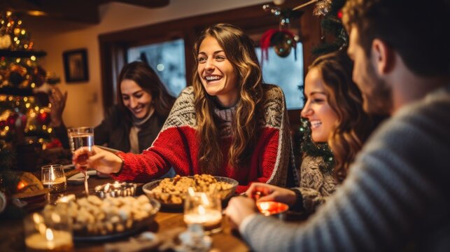 Millenial People Tasting Christmas Sweets At Home Supper Party - New Year's Eve And Winter Holiday Concept With Young Friends Having Fun Eating Together At Evening - Bulb String Lights Warm Filter