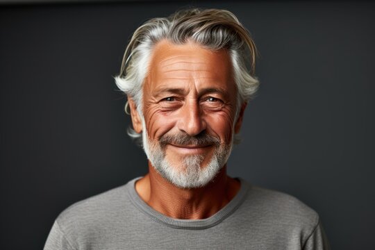 Portrait Of A Smiling Senior Man With Grey Hair Against White Background