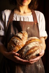 Freshly baked bread in the hands of a baker woman.