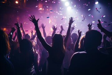 Fototapeta na wymiar Close up photo of many party people dancing purple lights confetti flying everywhere nightclub event hands raised up wear shiny clothes