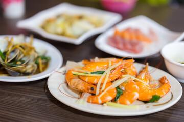 Cooked shrimp on the white plate