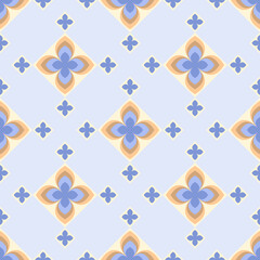 In this seamless pattern, large flowers are arranged in a harmonious blue, orange and brown. Decorated with small blue flowers placed neatly, on blue background. Looks beautiful, refined, attractive.