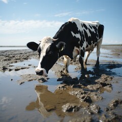 Beautiful Bull Realistic Image, Drinking Water in Beach, Black and White Cow Generative AI