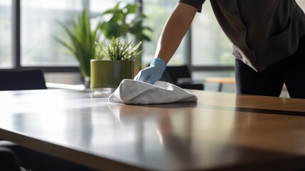 A Close-up of cleaning staff using cloth and spraying disinfectant to wipe down tables in a corporate office. Cleaning staff concept. - obrazy, fototapety, plakaty