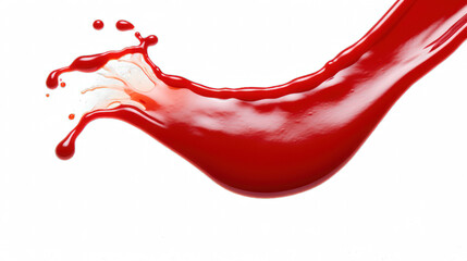 A Red drops of ketchup or sauce isolated on white background with contrasting paths. Full depth of field, focus stacking.