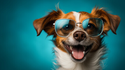 Cheerful dog in glasses on blue background. Smart dog smiling and looking at the camera. AI generative.