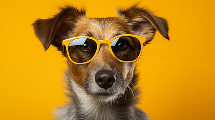Cheerful dog in glasses on yellow background. Smart dog smiling and looking at the camera. AI generative.