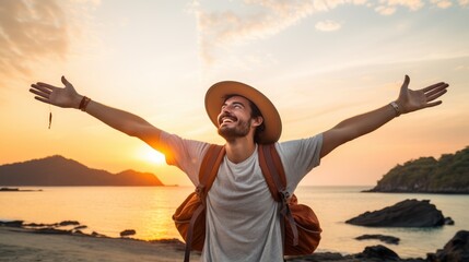A Happy male traveler in hat and backpack raising arms on beach at sunset Delightful male traveler enjoying quiet time, travel and mental health. - obrazy, fototapety, plakaty