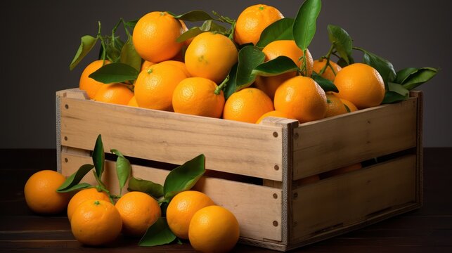A Fresh mandalin oranges in wooden crates, on isolated background, water droplets on the surface, fresh harvest concept.