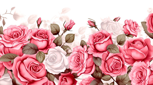 Bouquet Of Pink And White Roses On A White Background, Decorative Roses, Artistic Illustration - legal AI
