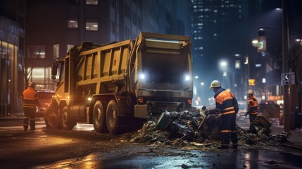 A Garbage trucks collecting garbage in the quiet night of a big city, government garbage collectors at work, a cold night, bright lights of tall buildings.