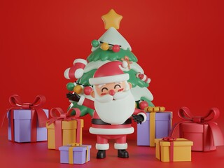 3d illustration, Merry Christmas and Happy New Year scene decorated with gift box, Santa Claus, and Christmas tree.