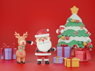 3d illustration, Merry Christmas and Happy New Year scene decorated with gift box, Santa Claus, Reindeer, and Christmas tree.