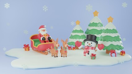 3D illustration, Mary Christmas and Happy New Year decorated with a Christmas tree, a snowman, gift boxes, and snowflakes on a snow floor.