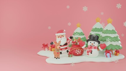 3D illustration, Mary Christmas and Happy New Year decorated with a Christmas tree, a snowman, gift boxes, and snowflakes on a snow floor.