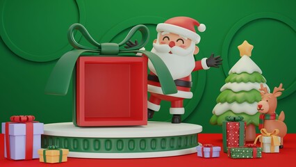 3d illustration, Merry Christmas and Happy New Year scene decorated with an empty red gift box and Santa Claus on the podium.