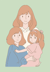 Happy sisters portrait. Group of different ages sibling. Hand drawn flat cartoon character vector illustration.