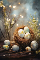 Fototapeta na wymiar Beautiful Easter Abstract Background with Easter Eggs in the Nest