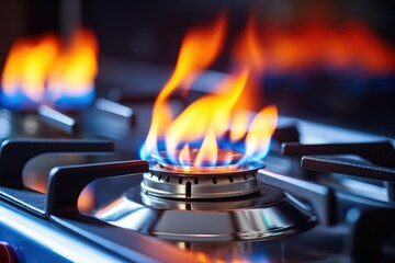 Detailed close-up shot of a gas burner on the stove in the kitchen with selective focus.

 Generative AI - obrazy, fototapety, plakaty