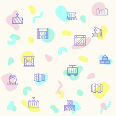 Seamless pattern on the theme of box, container, as open box, package, wooden crate, cargo, logistics, port, packaging and more. simple color icons on blue background