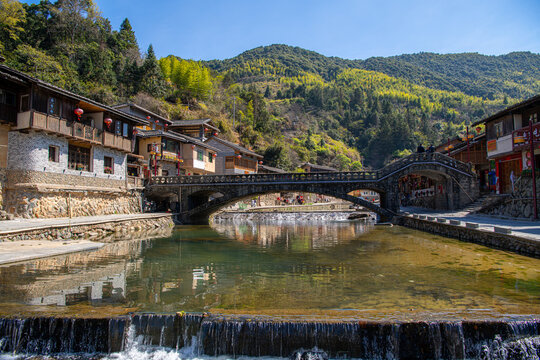 The small houses in the Tuxi village around Tulou clusters and the river