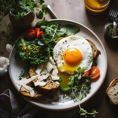 fried eggs with bacon and vegetables
