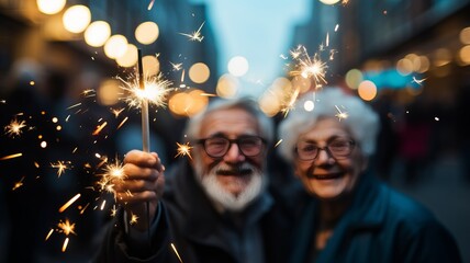 two elderly people enjoying with their grandchildren with sparklers for the fireworks holiday, for the new year