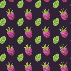 Seamless pattern pink raspberry, sweet berry with green leaves. Botanical food clipart. Hand drawn watercolor illustration isolated on dark background. Printing on fabric, paper packaging