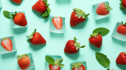 Strawberries and ice cubes on mint background. Top view.