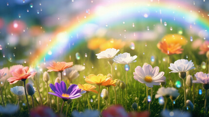 Colorful flower meadow with rainbow and bokeh effect.