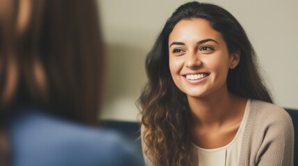 Beautiful young woman talking to her psychotherapist during therapy session