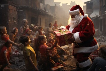 Santa Claus giving christmas gift to children in the city with comeliness - obrazy, fototapety, plakaty