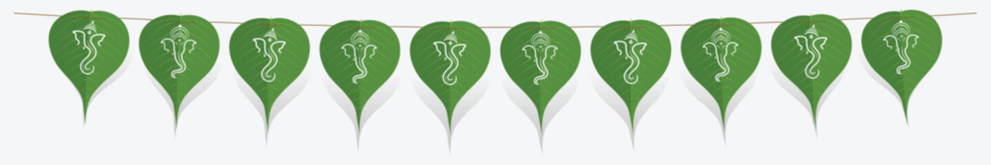 peepal leaf cut ganpati Garland. Decoration for Indian Hindu Auspicious Occasion, ganesh chaturthi special vector.  - obrazy, fototapety, plakaty