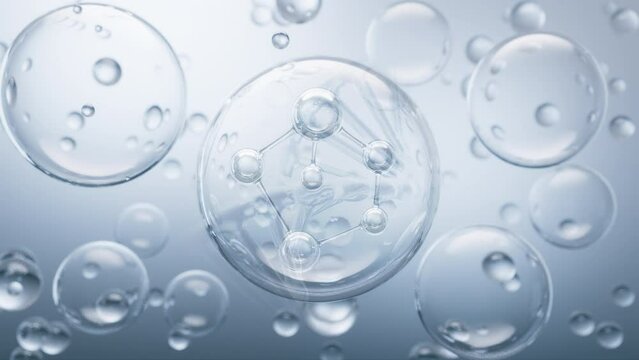 Cosmetic Essence, Blue Molecule in Liquid bubble, cosmetic concept background, 3d animation