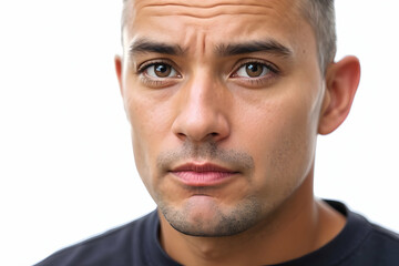 Obraz premium Face of confused bold man look at camera,isolated on white