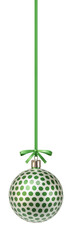 Green and silver Christmas ball with bow. New Year tree toy decoration Isolated on transparent background. 3D render