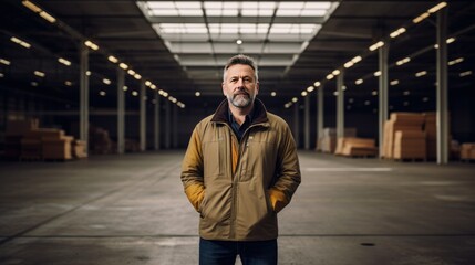 A middle-aged man stands in a warehouse ,workers in warehouse,clean and minimalist 