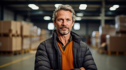A middle-aged man stands in a warehouse ,workers in warehouse,clean and minimalist 