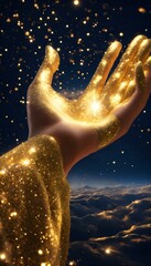 golden star in the sky with hand a businesswoman's hand confidently touching a digital neural network interface on a futuristic device, symbolizing the synergy between technology and business
