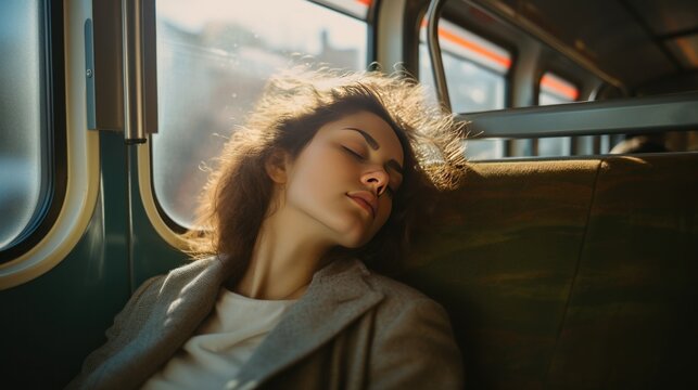 Passenger woman sitting in her seat and sleeping inside a train/bus 