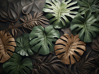 Tropical Elegance: Leaves on Concrete Background, Tendrils Motif in Warm Earth Tones, UHD with High Detailing