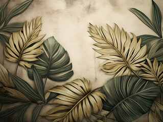 Tropical Elegance: Leaves on Concrete Background, Tendrils Motif in Warm Earth Tones, UHD with High Detailing