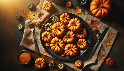 A top view of a round plate filled with fall pumpkins
