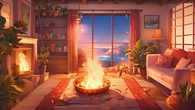 settle into your meditation cushion, gaze upon mesmerizing virtual bonfire, dancing flames providing focal point your thoughts settle. tranquil oasis midst your home. stream overlay animation