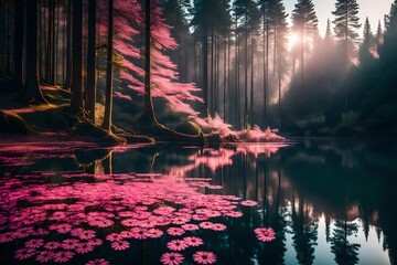 **forest landscape with morning vibes over the lake. floating pink flower on the clam water.