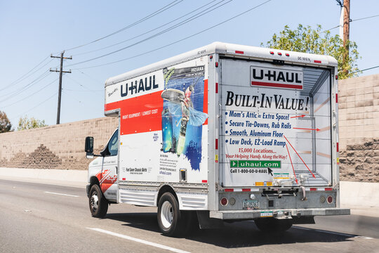 May 23, 2021 Antioch / CA / USA - U-Haul van travelling on the interstate; U-Haul is an American company offering DIY moving solutions
