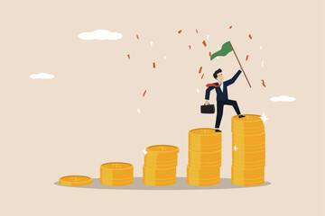 Financial success, achieving financial freedom, making a profit or savings or investment goal concept, successful businessman holding a victory flag above a pile of money coins. - obrazy, fototapety, plakaty
