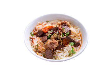 Northern Thai food, Spicy rice noodles soup with pork and pork blood in bowl, Local Thai food