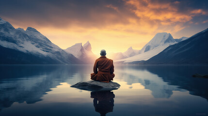 Monk Meditating Alone in Nature - obrazy, fototapety, plakaty